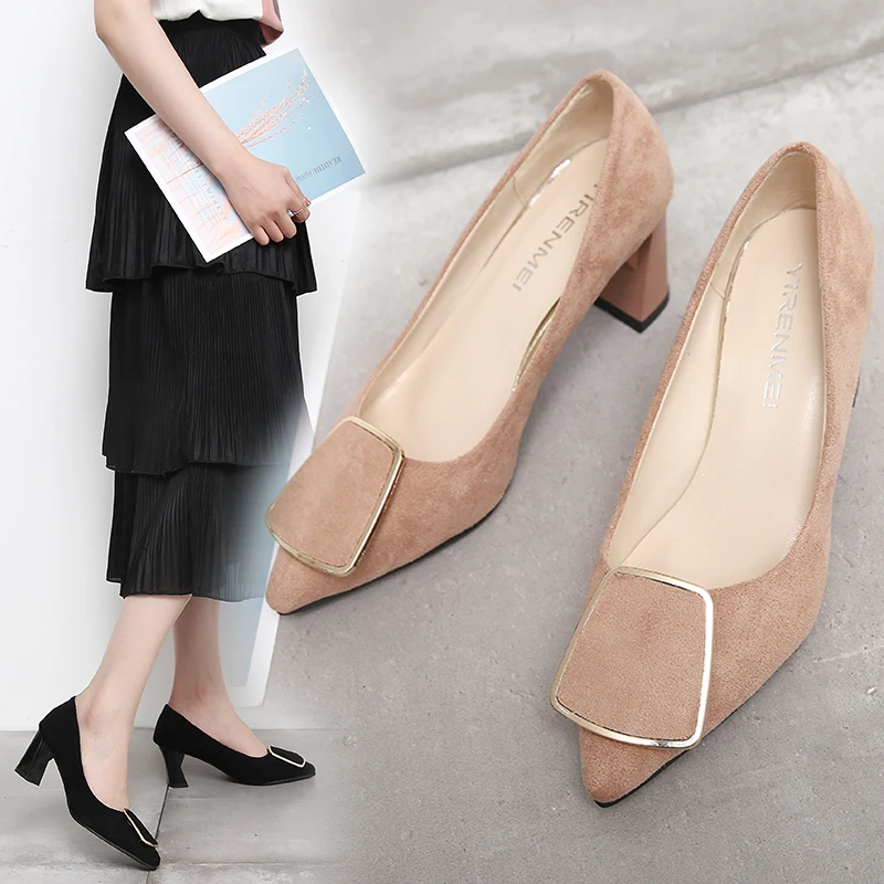 

2019 New Fashion Flock Thick Heels Gladiator Sandal For Women Slip-on Summer Dress Med Heels Sandals Shallow Cover Heels Shoes