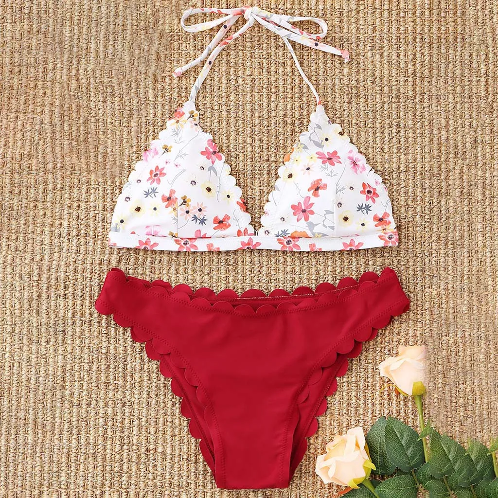 

Low Waist Bikini 2019 Halter Bikini Set Mesh Swimsuit Female Print Swimwear Women Bathing Suit Swimming Suits Beachwear Swim