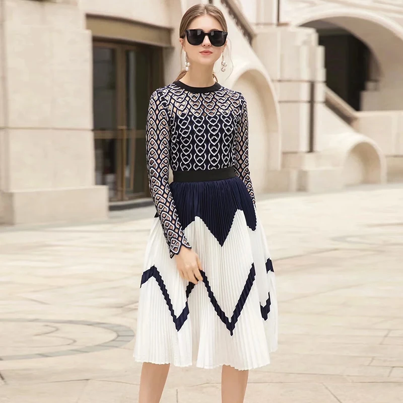 

Hollow Dress New Fashion Women Long Hollow Out Sleeve European Designer High Quality Casual Pleated Dress