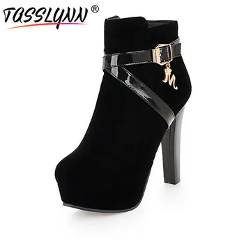 

TASSLYNN 2019 Women Ankle Boots Flock Platform Sexy Zip Flock Winter Boots Women High Heels Ladies Shoes Women Shoes Size 34-43