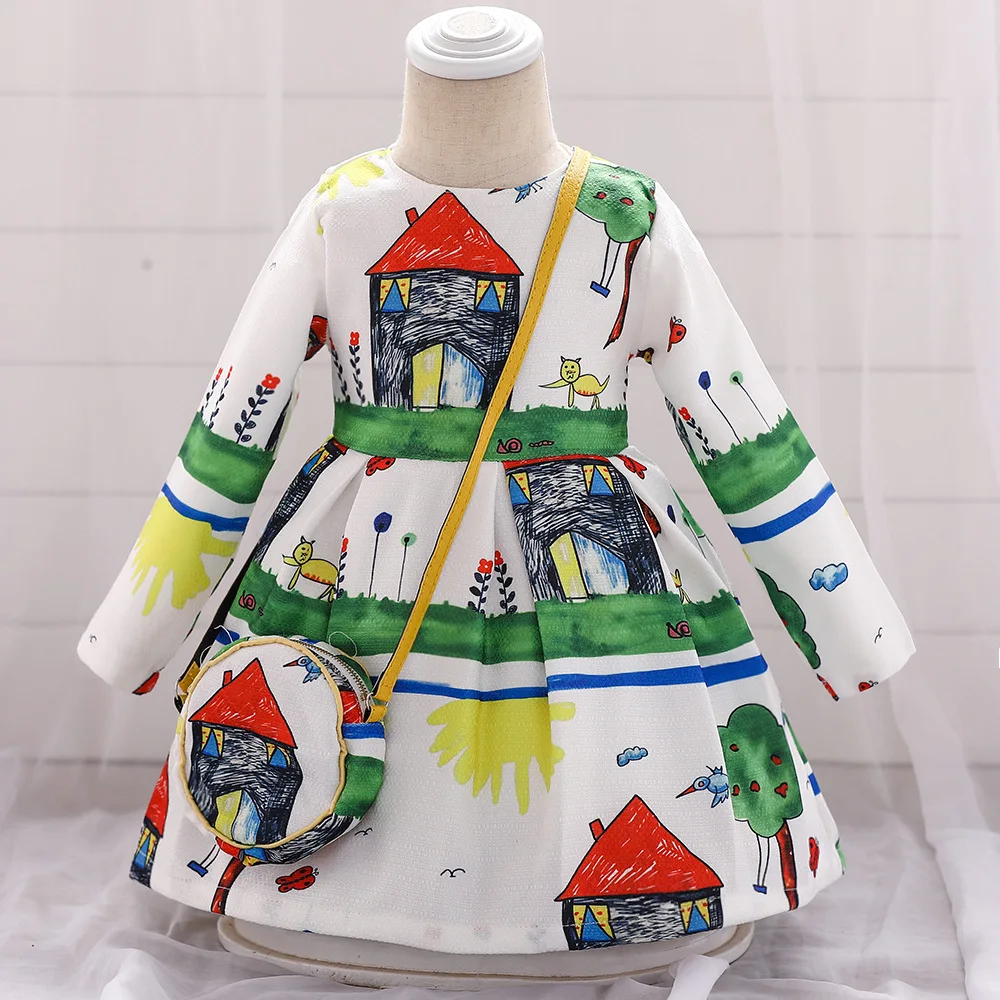 

Spring Autumn Korean Version Shredded Flower Baby Princess Children's Printing Long-sleeved Dress A-Line Children Clothing
