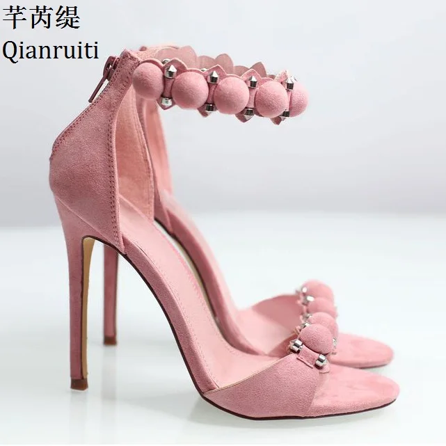 

Qianruiti Pink Nude Faux Suede High Heels Sandals Kim Kardashian Style Ankle Strap Women Pumps Open Toe Thin Heels Women Shoes