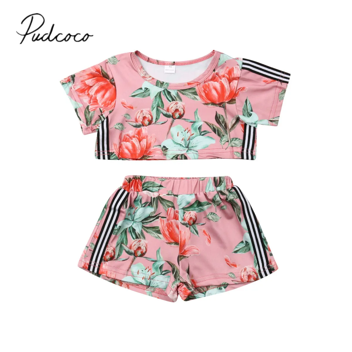 

2019 Baby Summer Clothing Newborn Baby Girls Kids Floral Crop Tops T-shirt Pants Shorts 2Pcs Sets Outfit Striped Clothes 0-3T