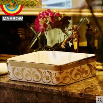 

Mosaic Gold Countertop Rectangular Ceramic Bathroom Art Vessel Bathroom Sink