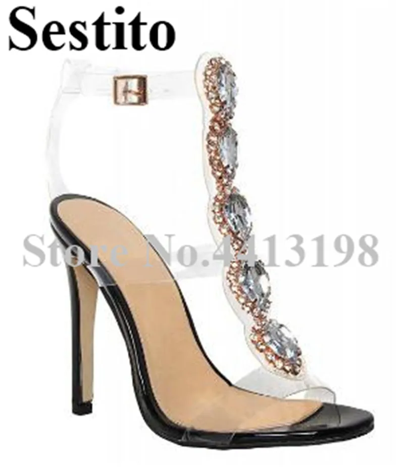 

2019 European Sexy Peep Toe PVC Crystal Rhinestone Decoration Stiletto Heels Ankle Buckle Strap Sandals Summer Women's Shoes