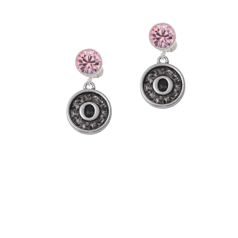 Antiqued Round Seal - Initial - O - Crystal Clip On Earrings (3)