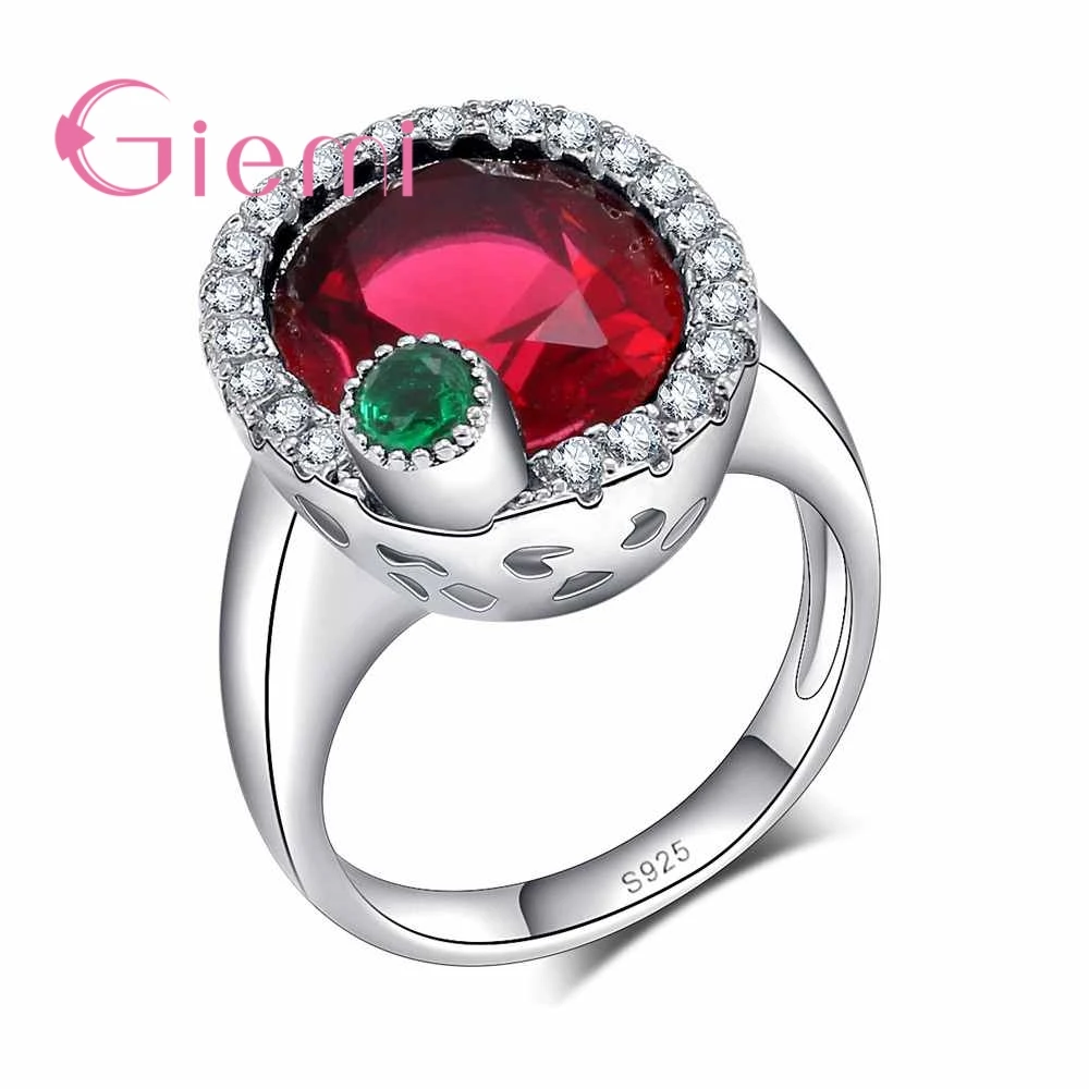 

925 Sterling Silver Cubic Zirconia Romantic Charm Lady Gift Red Green Round Crystal Ring Shopping Travel Accessories