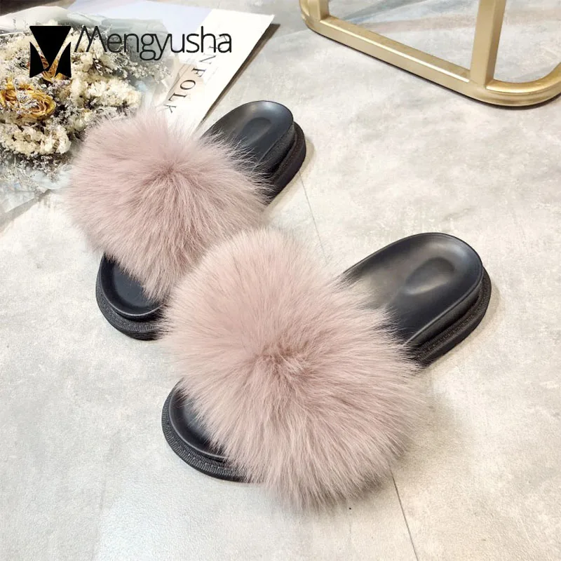 

fox fur slippers women platform sandals sweet pink furry flip flops outdoor slides ladies summer shoes mules fox fur slides c795