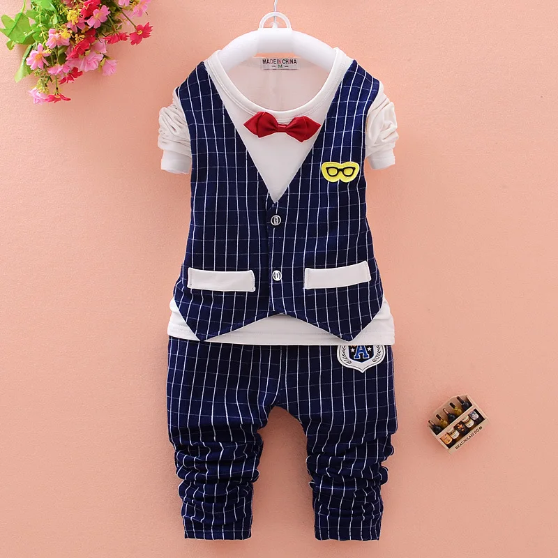 New autumn infant baby boy clothes sets 2pcs cotton long sleeve O-neck patchwork shirt+plaid pants newborn boys gentlemen suits