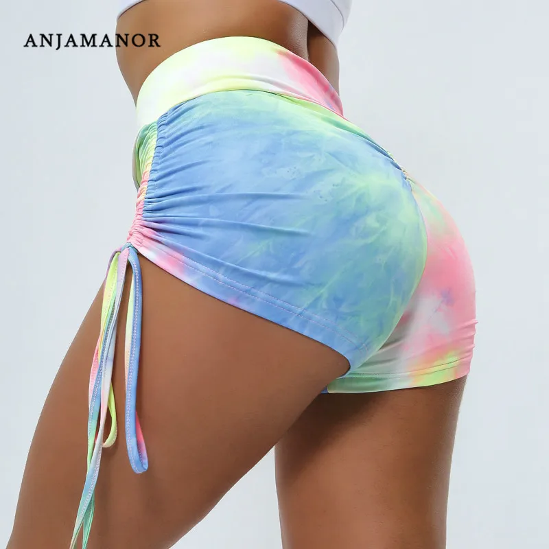

ANJAMANOR Colorful Tie Dye Stretchy High Wasit Shorts Drawstring High Waist Sweat Short Pants Gym Streetwear Summer 2019 D54-I17