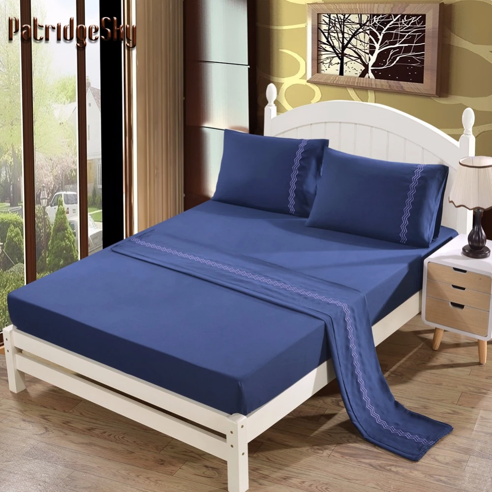 PatridgeSky Solid Color Embroidery 4PCS Bed Sheet Set Brushed