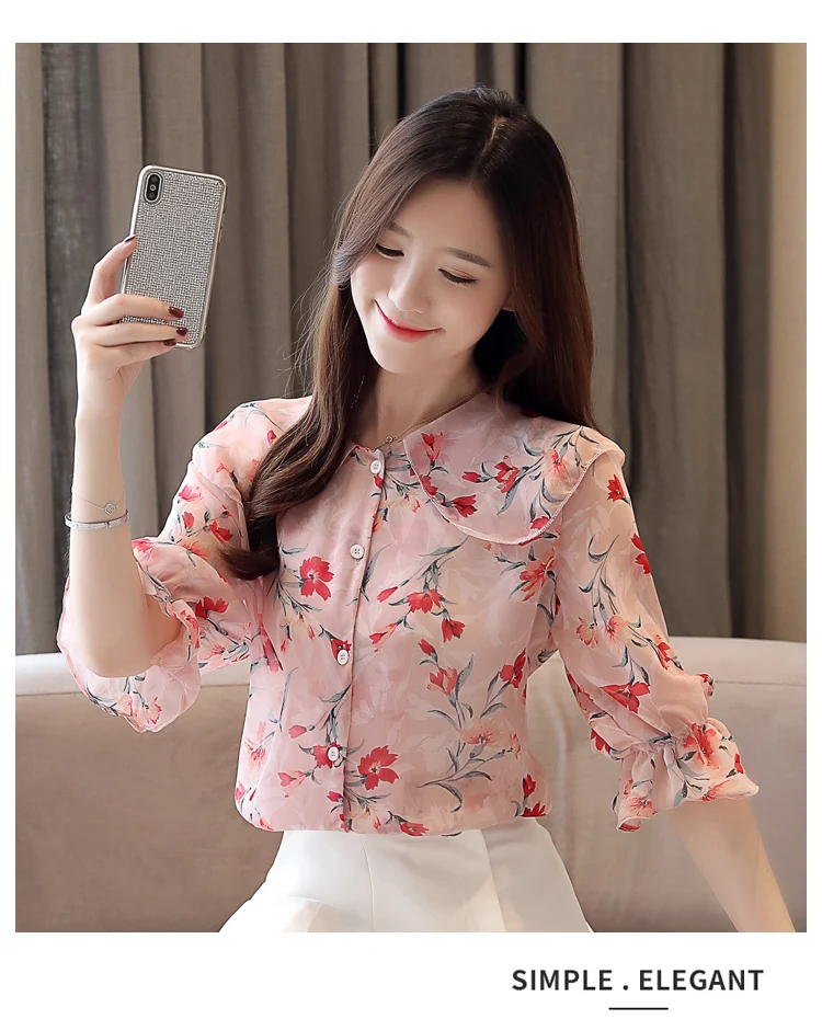 Dingaozlz новые корейские модные топы с принтом Повседневное шифоновая рубашка Мода Половина рукава Для женщин блузка женская одежда