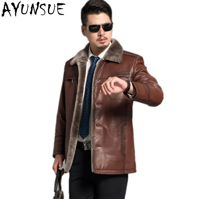 Sale AYUNSUE Genunie Mens Leather Jackets Red Brown 2019 Winter Leather Men