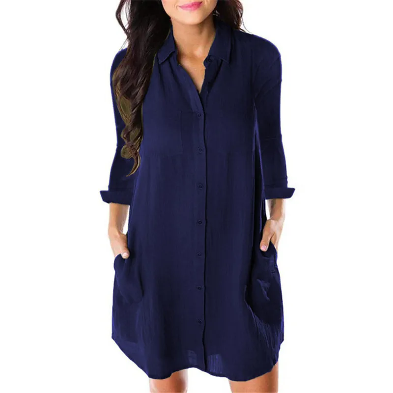 

Long sleeve blouse women turn-down solid loose pocket blouse dress cotton ladies autumn shirt Button Casual Tops Plus Size