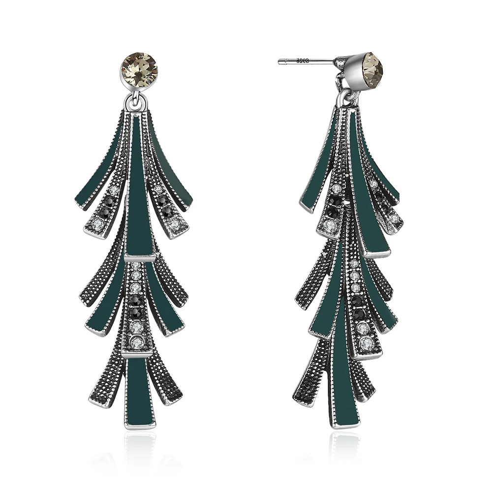 

SUKI Vintage Dangle Earrings Fashion Women Earrings S925 Silver Jewelry Australian Rhinestone Paved Dark Blue Enamel Earrings