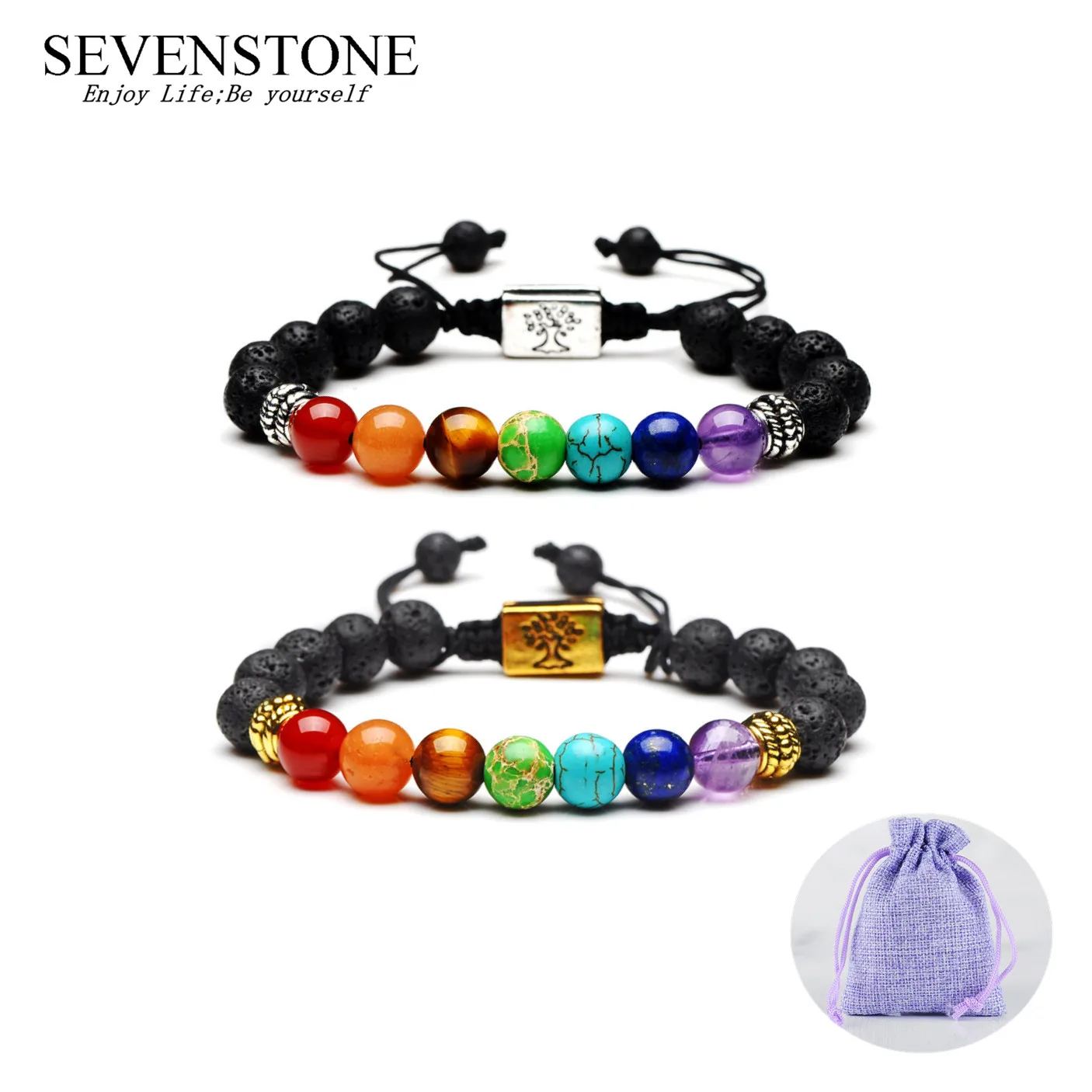 

SEVENSTONE Electroplating Drum Beads 8mm 7 Chakra Natural Bracelet for Women Square Life Tree Volcanic Stone Bracelets for Men