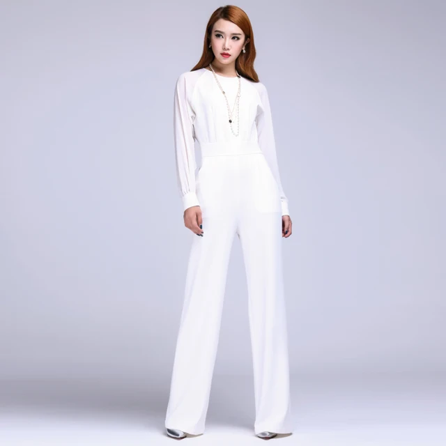 Summer Spring Womens White Long Sleeve Wide Leg Chffion Jumpsuits