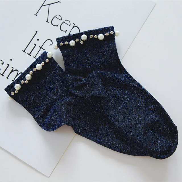 Хипстерский дизайн ножной браслет блестящие носки женские Модные Винтажные носки Harajuku женские забавные жемчужные розовые носки со стразами Art Sox - Цвет: Синий