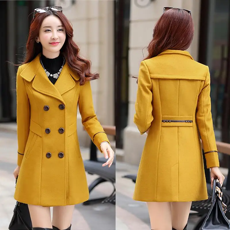 FTLZZ женское Шерстяное теплое длинное пальто осень зима размера плюс, женское приталенное шерстяное пальто с лацканами, кашемировая верхняя одежда - Цвет: Yellow