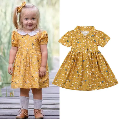 

2019 Summer Baby Girl Flower Turn down collar Short Sleeve Party yellow Dress Princess Sundress for Kid clothes toddler Children