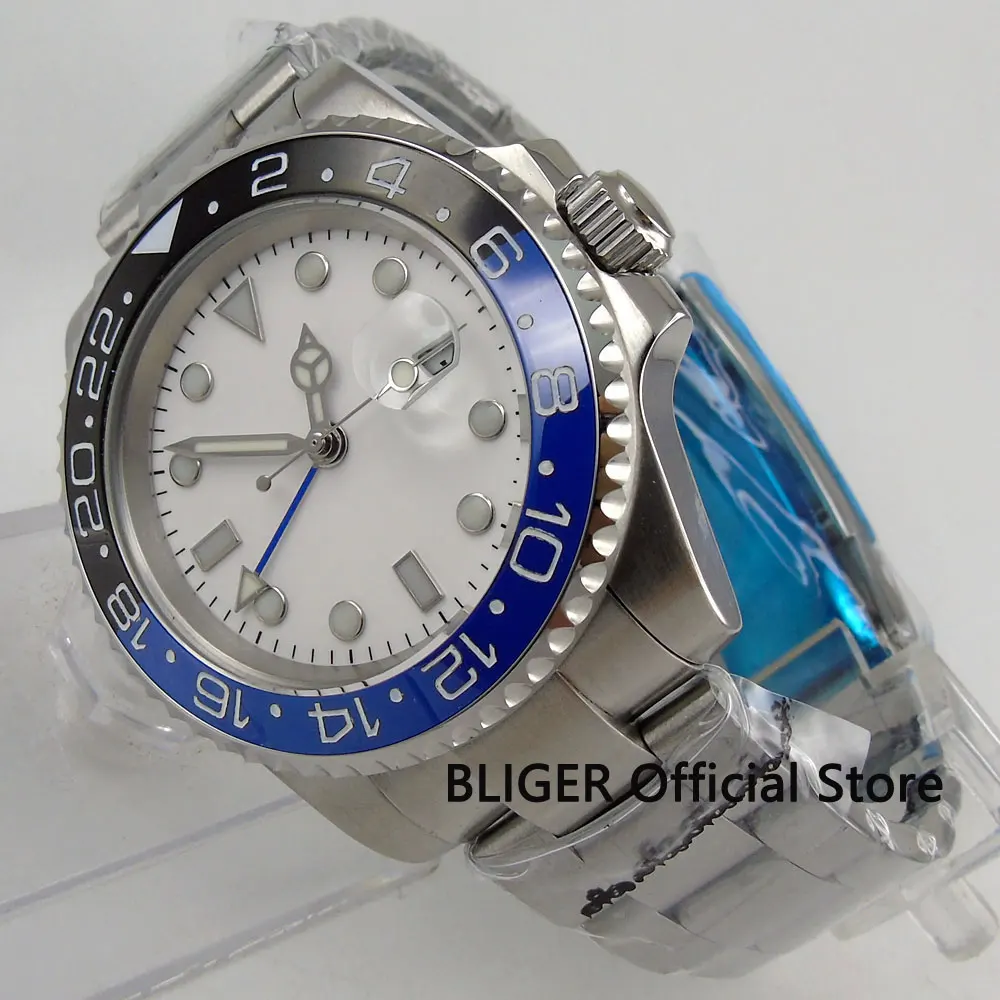 

BLIGER 40mm White Sterile Dial Blue Black Ceramic Bezel GMT Function Luminous Marks Sapphire Automatic Movement Men's Watch B183