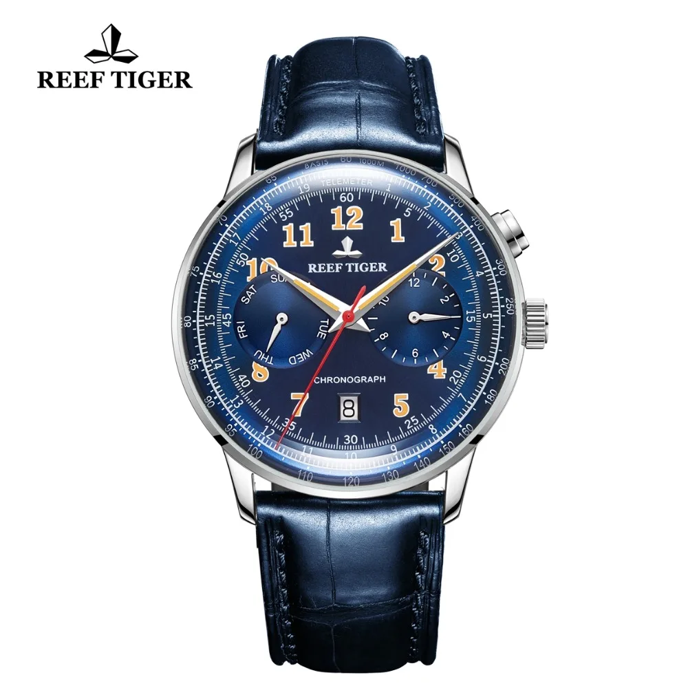 Reef Tiger/RT 탑 브랜드 자동 파일럿 시계, 남성용 기능성 기계식 시계, 방수 가죽 밴드, 손목 시계, RGA9122, 블루