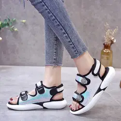 Женские корейские сандалии на платформе, летние спортивные сандалии с блестками, повседневные сандалии, пляжные лоферы, sapato feminino