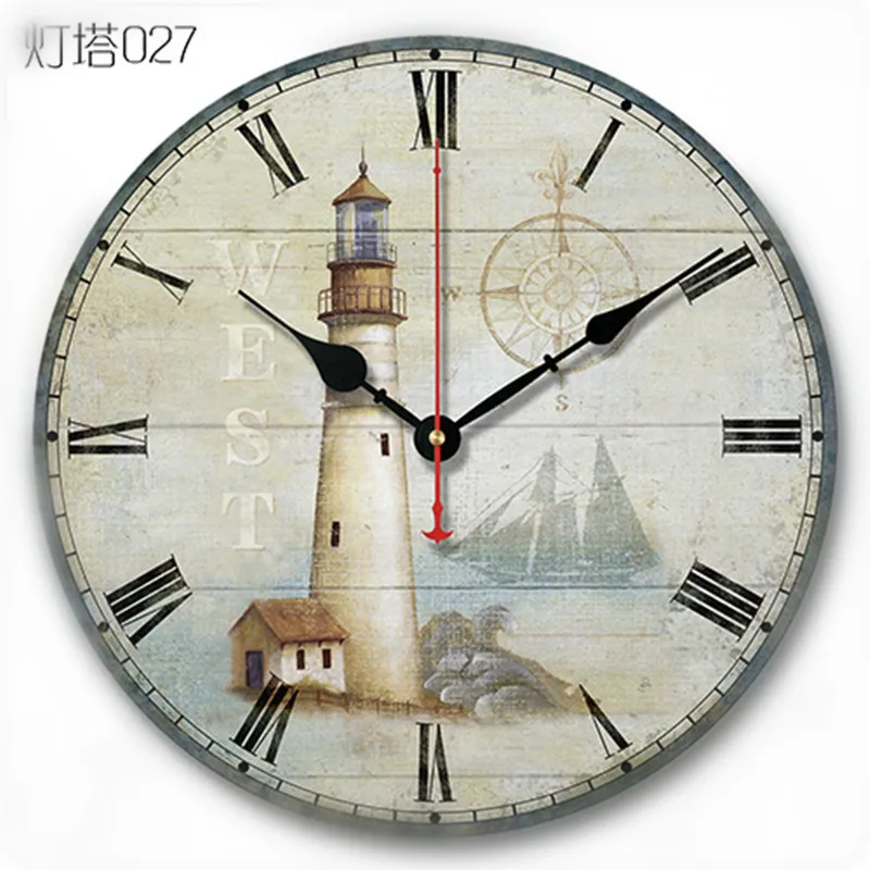 

12" The Mediterranean European pastoral village retro living room wall clock simple decoration wooden lighthouse clock mute