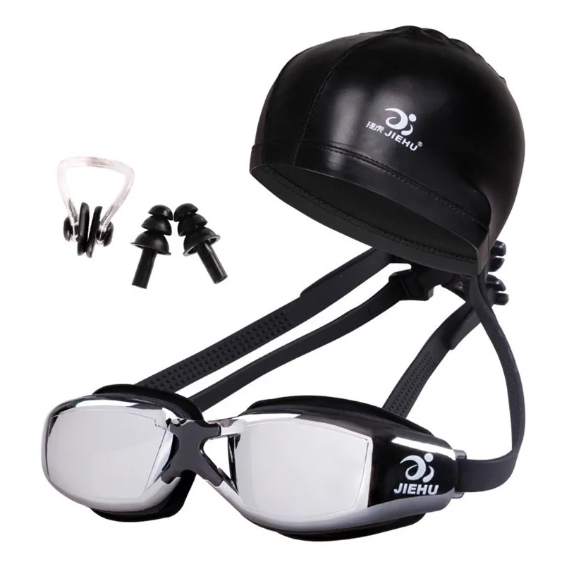 New Professional Swimming Goggles Anti-Fog UV Adjustable Plating Men Women Waterproof Silicone glasses with Swimming cap #3J10#F (6)