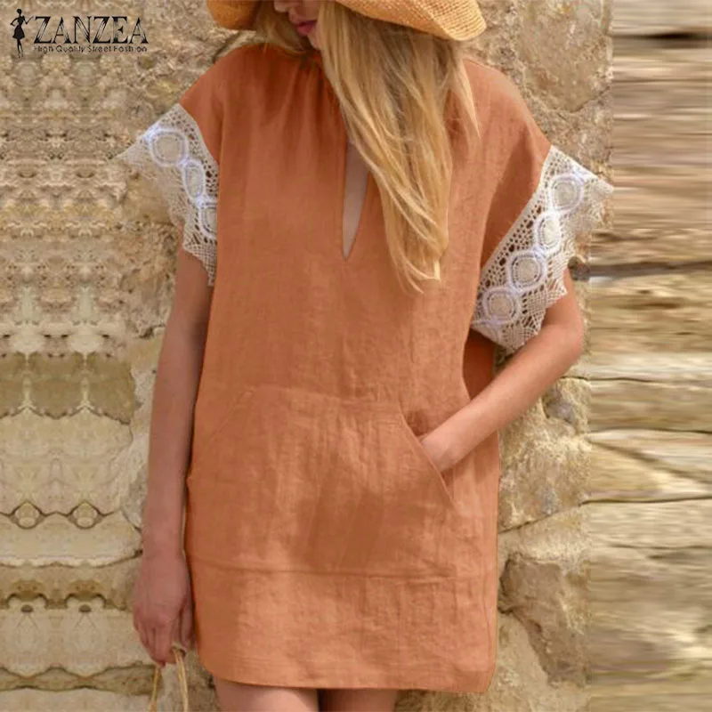 

2019 ZANZEA Cotton Summer Dress Casual Vestidos Lace Short Sleeve Knee Dresses Beach Party Plus Size V Neck Pockets Pink S-5XL