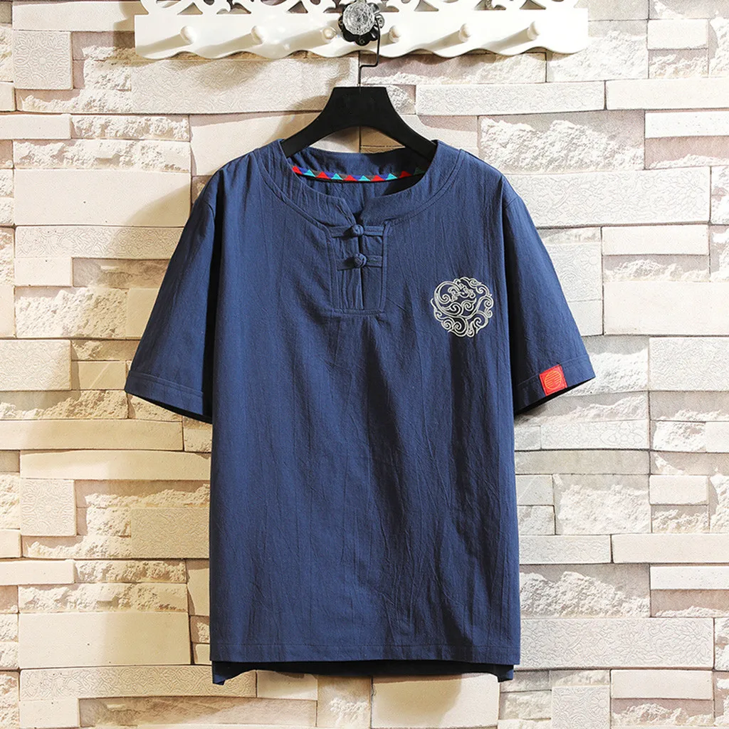 Navy Летняя мужская рубашка Camisa с вышивкой, короткий рукав, мужская рубашка, повседневная льняная пуховая блузка свободного кроя, уличная рубашка Camisa masculina - Цвет: Navy