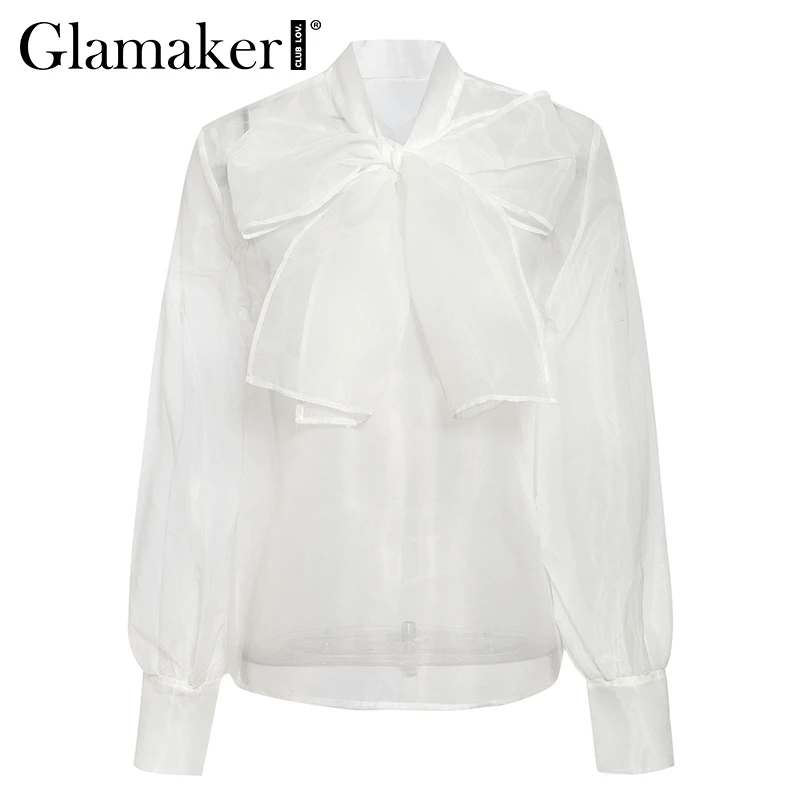 Glamaker белая сексуальная прозрачная блузка с галстуком-бабочкой женская рубашка с пышными рукавами летняя уличная рубашка Топ женская элегантная сетчатая блузка