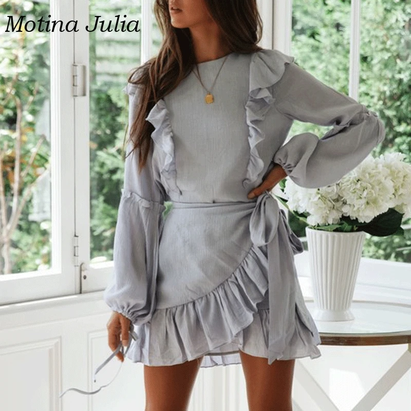 

Motina Julia 2019 autumn spring ruffle dress women cute bow day dress female vestidos day dress
