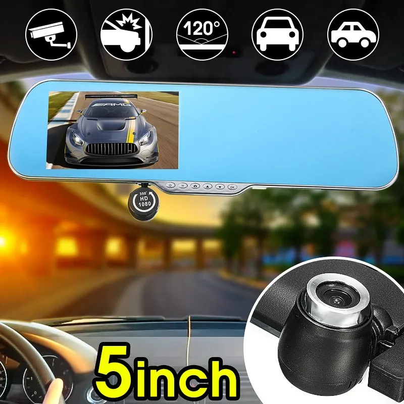 

5" HD 1080P LCD Car Rearview Mirror DVR 120 Degree Wide Angle Lens Dash Reverse Camera Dual Lens Night Vision Recorder