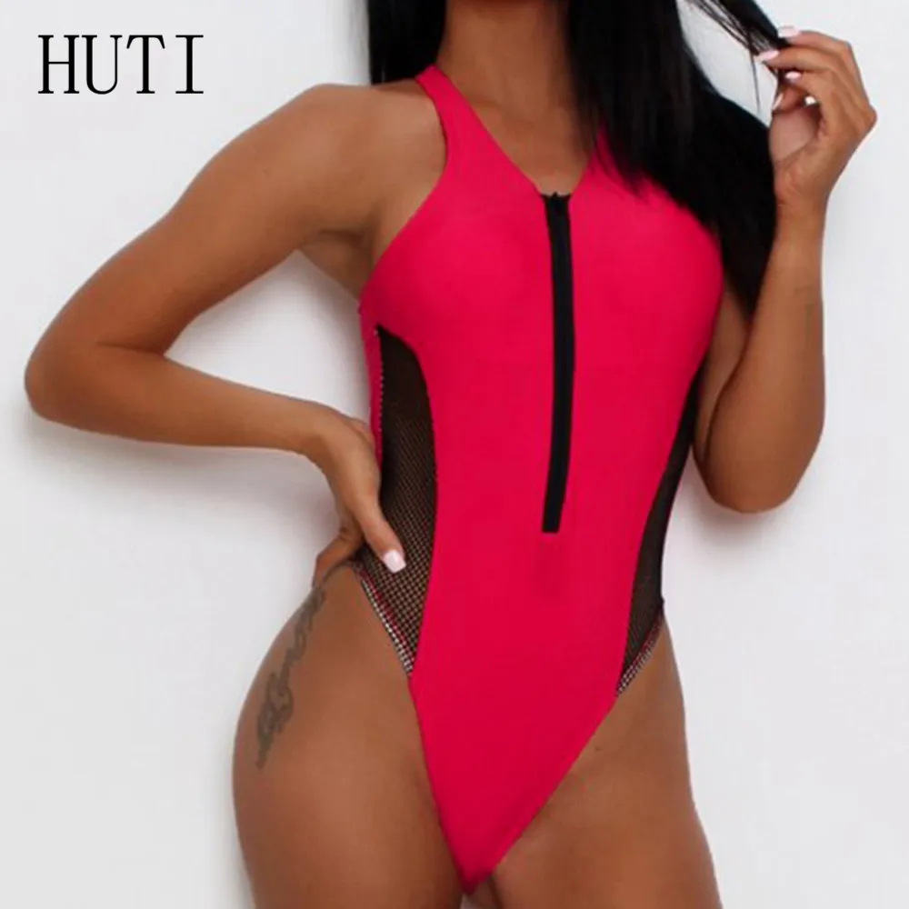 HUTI Sexy Deep V-neck Zipper Patchwork Mesh Bodysuits Women Summer Beach Monokini Swimwear Elegant Hollow Out Bikini 2019 Mujer