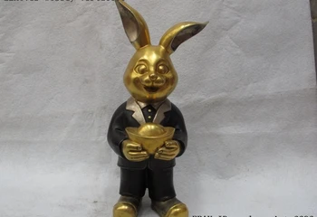 

Chinese Bronze Copper 24K Gold Silver-Gilt Lucky Gold ingot Hare Rabbit Statue