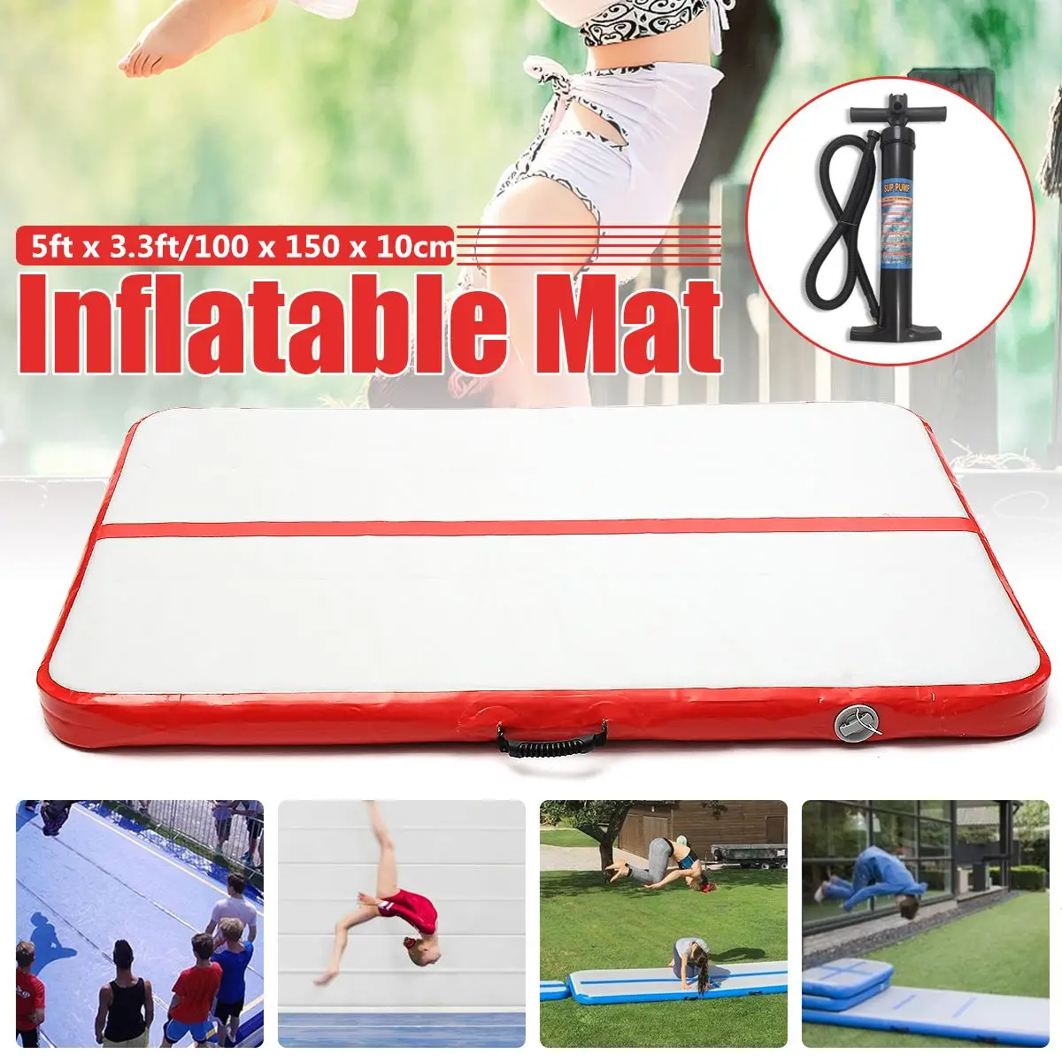 

Inflatable Air Track Gymnastics Tumbling Mat Training Home Floor Yoga Includes mending material +Hand Pump