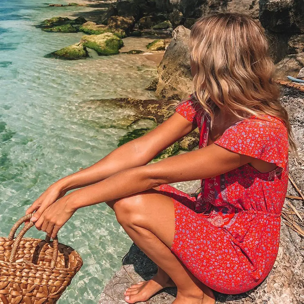

Jastie V-Neck Short Sleeve Summer Dress Boho Chic Floral Print Dresses Casual Beach Short Dress Bohemian 2019 Female Vestidos