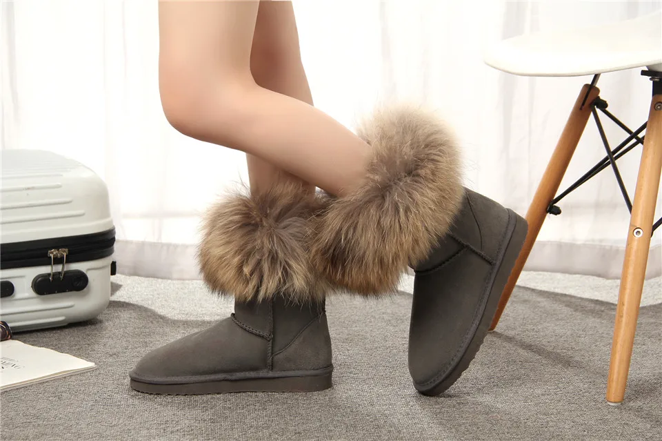 MBR FORCE Fashion Women's Natural Real fox Fur Snow Boots Genuine Cow Leather women Boots Female Warm Winter Boots Shoes