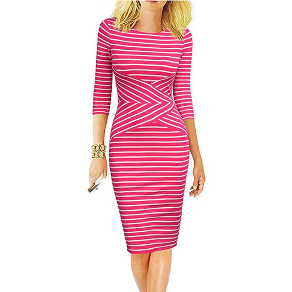 REPHYLLIS, женское Полосатое летнее платье с рукавом 3/4, для работы, бизнес, коктейльное, вечерние, для офиса, повседневное, облегающее, сексуальное платье - Цвет: Rose Red Strips
