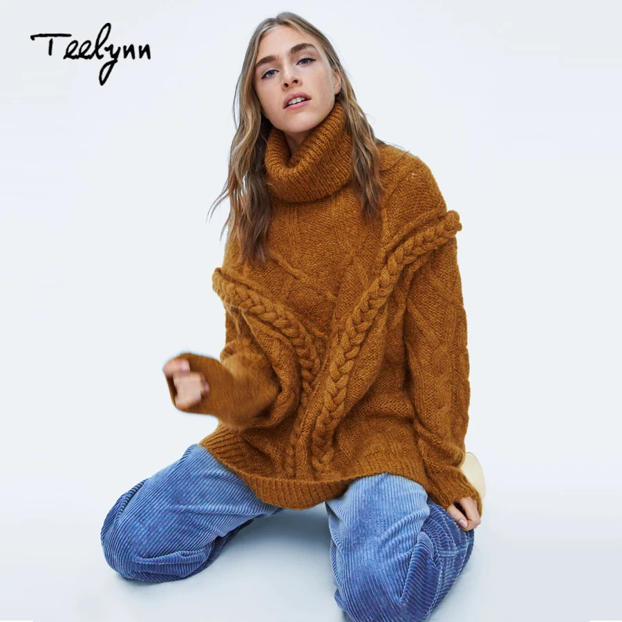 TEELYNN пуловеры для женщин 2018 зима коричневый сплошной цвет водолазка с длинным