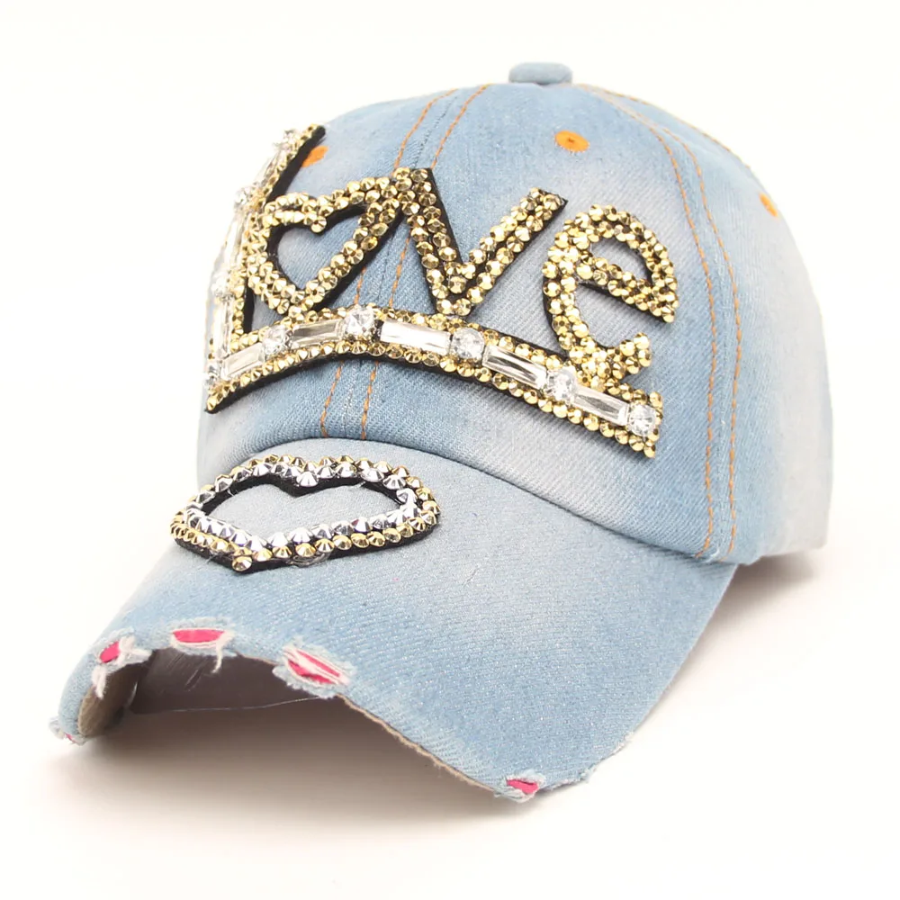 

hot sale summer LOVE gold silver rhinestones jeans baseball hat for women and men unsiex sun casquette cap fashion snapback