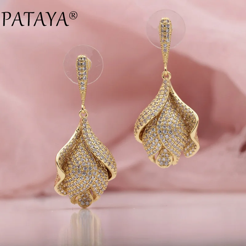 PATAYA, новинка, женские свадебные украшения, 585, розовое золото, микро-воск, инкрустация, натуральный циркон, Цветущая Роза, цветы, длинные серьги-гвоздики