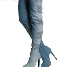 Новейшая мода; пикантные женские высокие сапоги; женские сапоги до колена на тонком каблуке, на молнии; необычный джинсовый стиль; мягкие и удобные