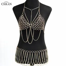 Chran Gold Color Sexy Women Harness Full Beach Chain Belly Waist Fashion Costume Chain Bra Dress Bikini Wear Set Jewelry CRB4124