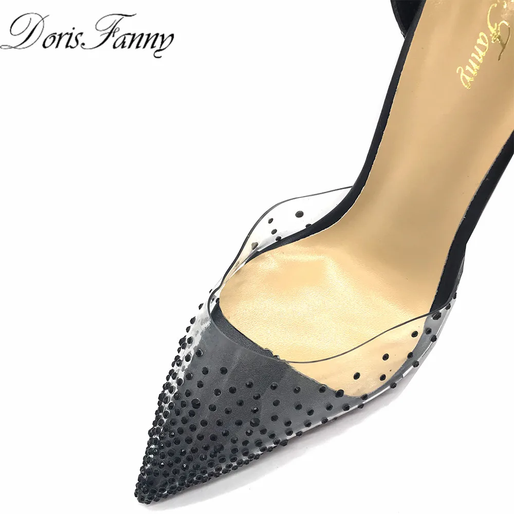 Ceny Doris Fanny markowe sandały z paskami przezroczysty pvc kryształy obcasy przezroczyste damskie sandały letnie buty