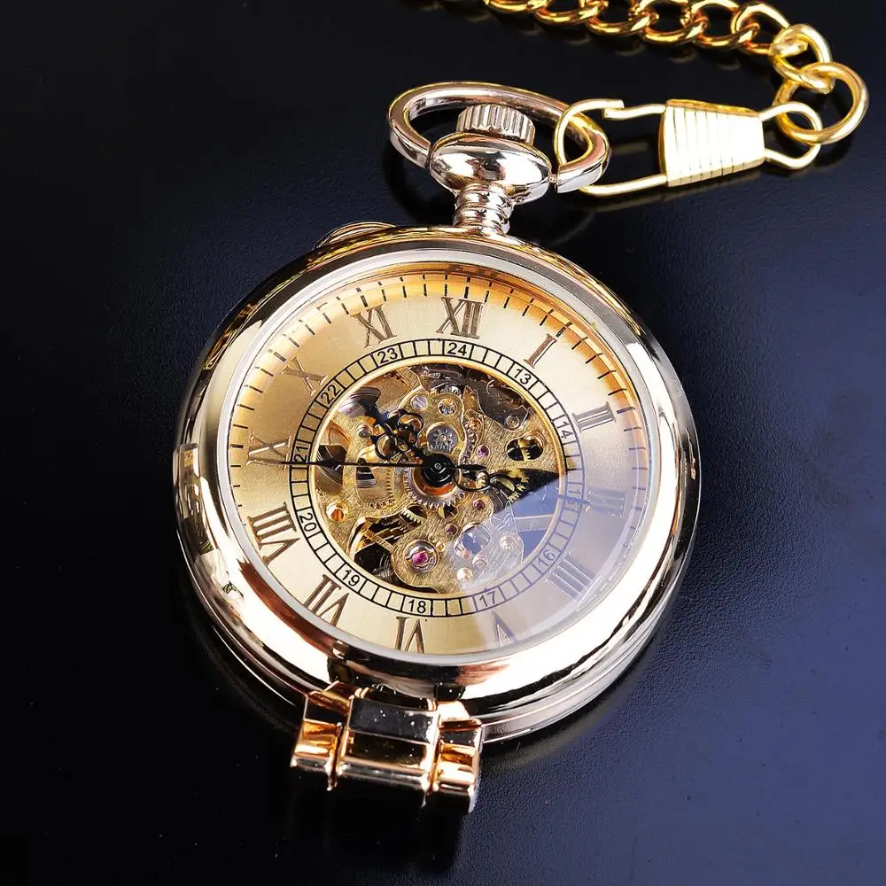 Hot Sale Retro Skeleton Transparent Case Pocket Watch Golden Men Lady FOB Long Chain Mechanical Hand 2