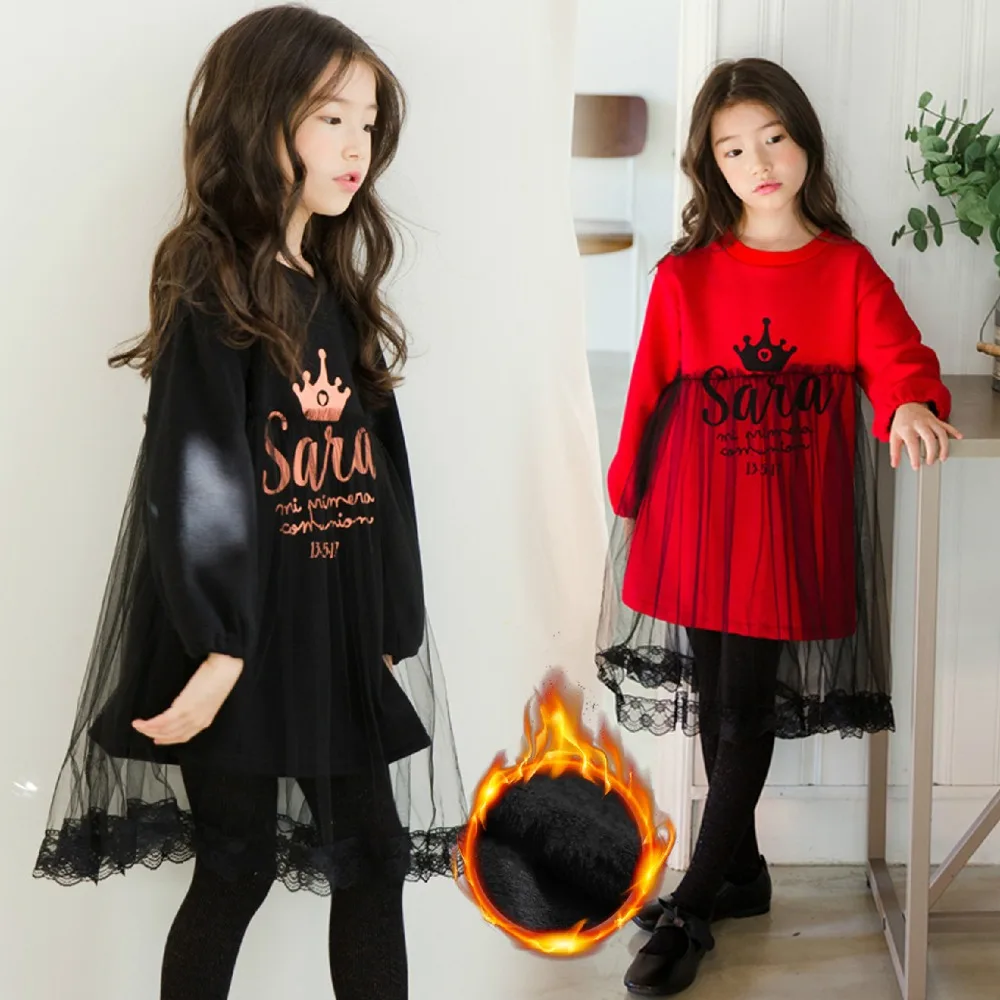 

Kids Winter Dress Thicken Velvet 2018 Baby Princess Dress Kids Dresses for Girls Mesh Patchwork Children Beautiful Dress,#3574