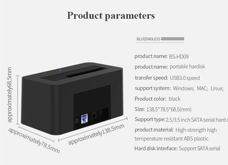 Blueendless HDD док-станция 2,5 ''3,5'' HDD корпус SATA интерфейс Plug and Play 1 отсек USB3.0 порт Поддержка Макс 8 ТБ HDD