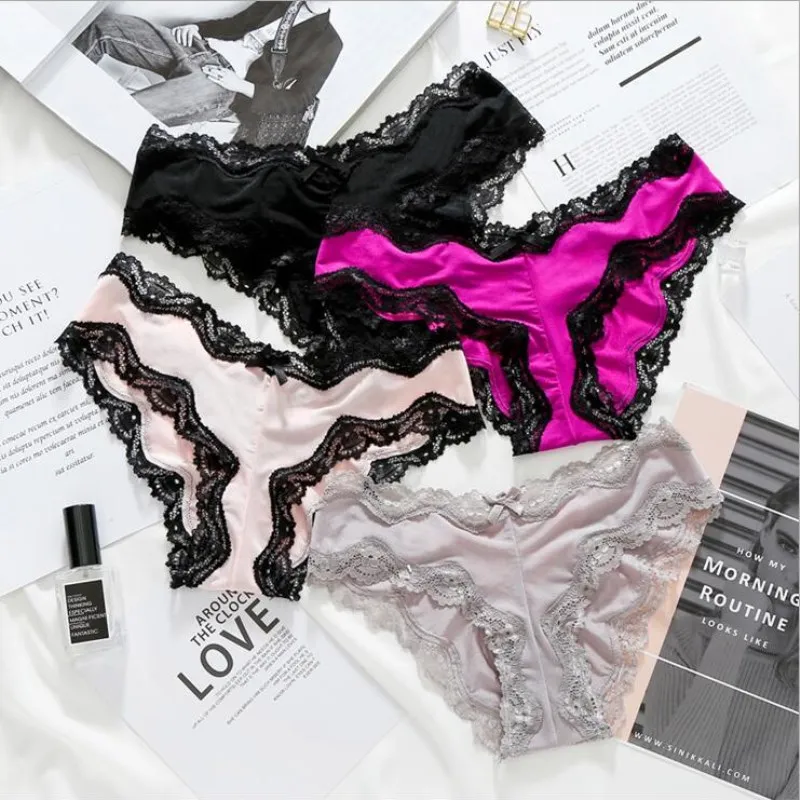 Pholeey 1pcs Low Rise Appliques Brief Polyester Cotton Women Panties